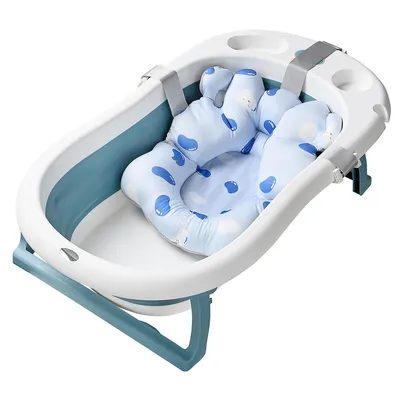 Foldable Baby Bathtub Infant Toddler Bath Tub Shower Basin With Cushion & Temperature Display - Blue