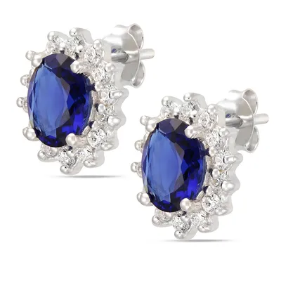 Sterling Silver Oval Sapphire Cz Framed With Cubics Stud Earring