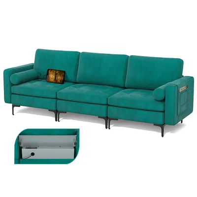 Modular 3-seat Sofa Couch W/ Socket Usb Ports & Side Storage Pocket Teal