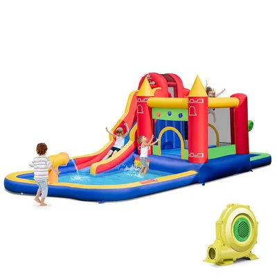 9-in-1 Inflatable Bounce Castle With Waterslide Water Cannon For 3+ Without Blower/with 735w Blower