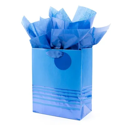 9" Medium Gift Bag With Tissue Paper (blue Foil Stripes) For Birthdays, Weddings, Hanukkah, Christmas, Graduations, Father's Day And More