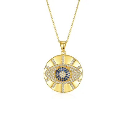 Sterling Silver 14k Yellow Gold Plated With Blue, Yellow & White Cubic Zirconia Evil Eye Light Rays Medallion Pendant Necklace