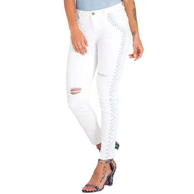 Curvy Fit Tribal Embroidery White Skinny Ankle Jeans