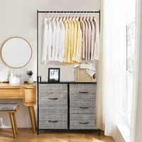 5 Drawer Fabric Dresser Hanger Metal Frame Wooden Top Storage Closet Organizer