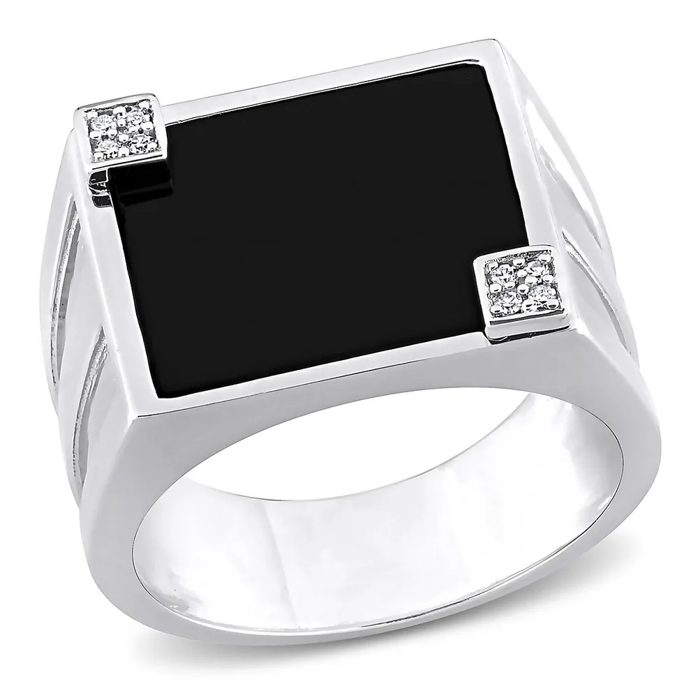 Men's Square Black Onyx And Diamond Accent Ring Sterling Silver