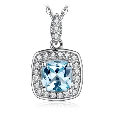 1.25 Ct Cushion Blue Topaz Halo Necklace 0.925 Sterling Silver