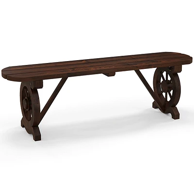 Patio Rustic Wood Bench With Wagon Wheel Base Slatted Seat Design 710 Lbs Max Load