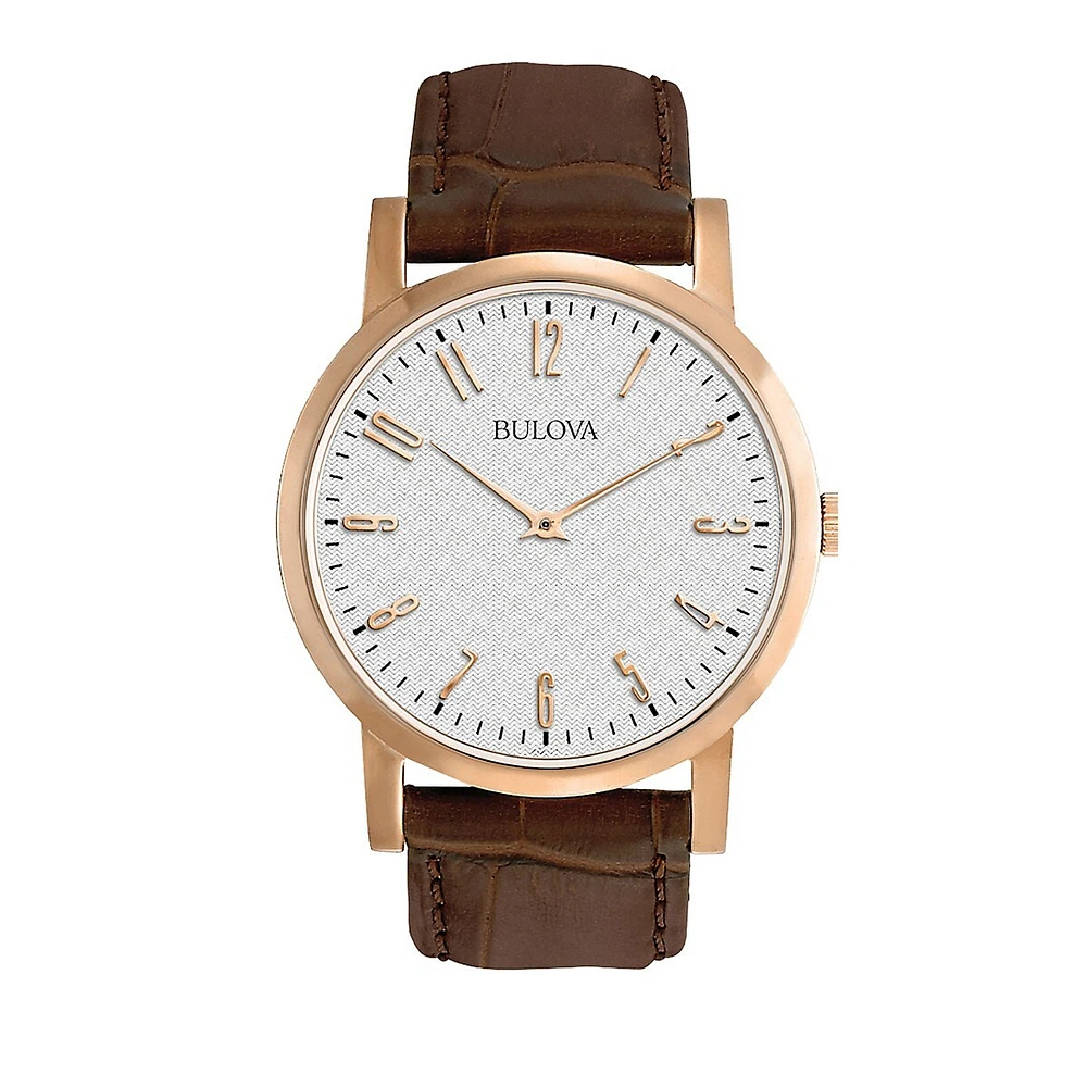 Analog Goldtone Leather Strap Dress Watch 97A106