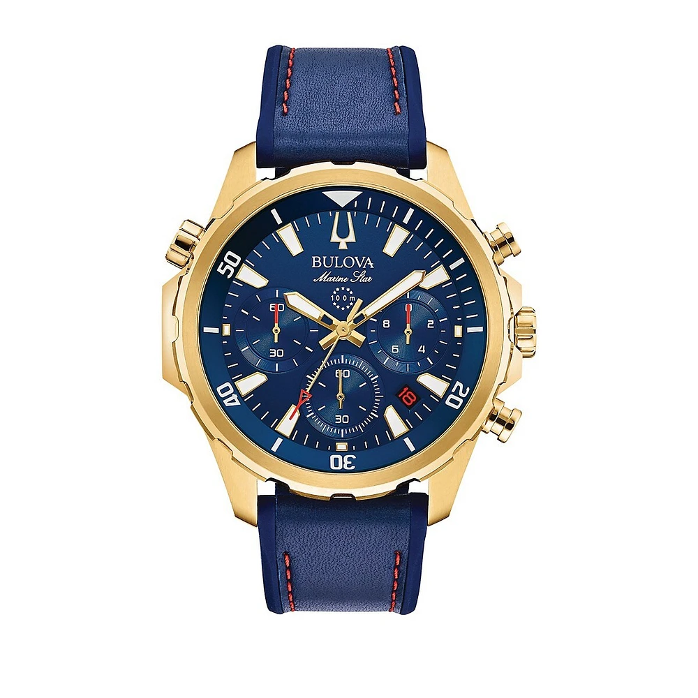 Marine Star Gold Chronograph Leather Strap Watch