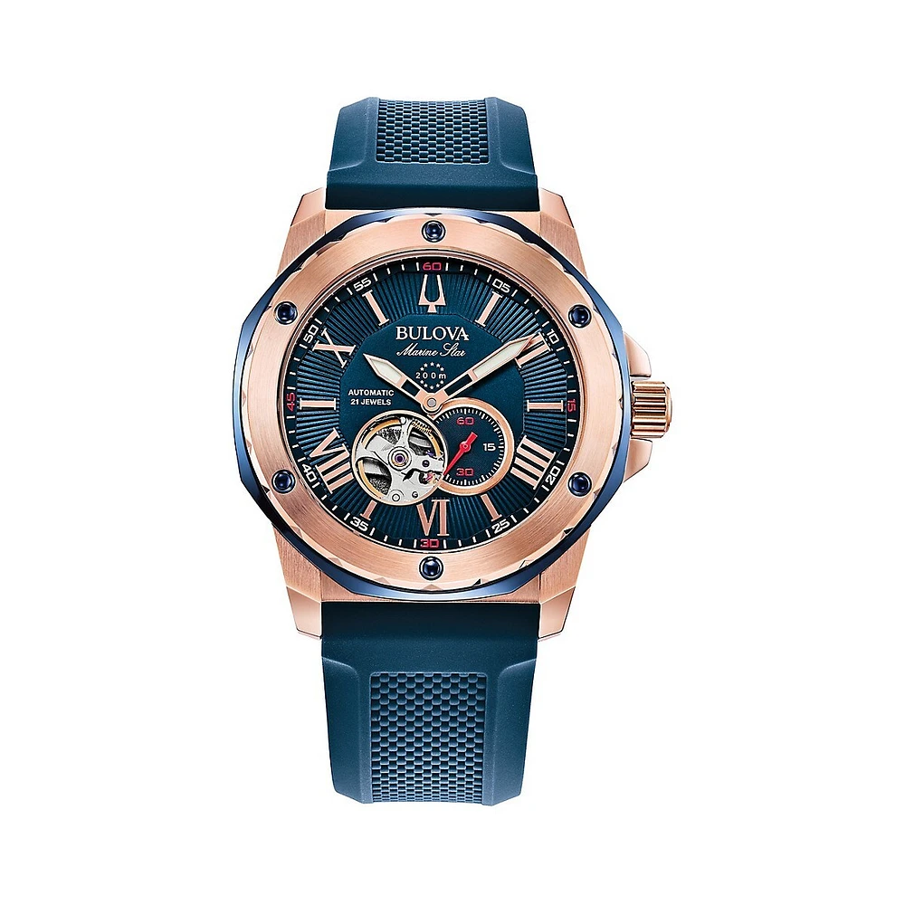 Montre automatique rose doré en acier inoxydable avec bracelet en silicone Marine Star