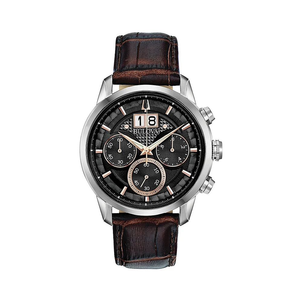 Montre chronographe en acier inoxydable avec bracelet en cuir