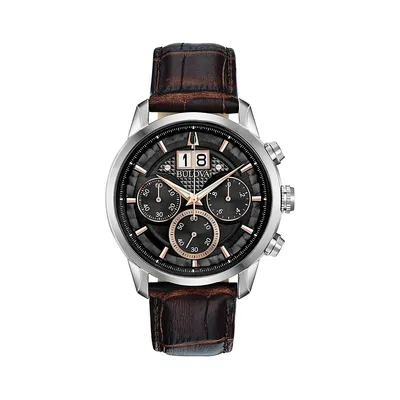 Chronograph Stainless Steel & Leather Strap Watch 96B311