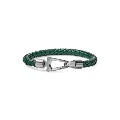 Bracelet en acier inoxydable et cuir vert tressé Marine Star