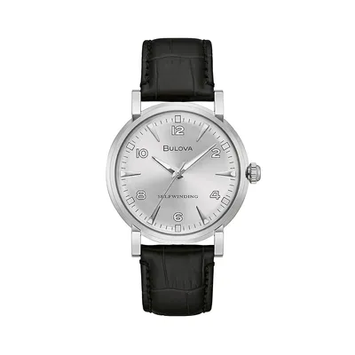 Men's Stainless Steel and Black Leather Strap Automatic Watch