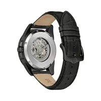 Sutton Black Ion-Plated Stainless Steel & Leather Strap Skeleton Dial Watch 98A304