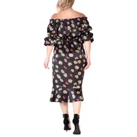 Plus Floral Print Off-shoulder High-end Satin Midi Dress