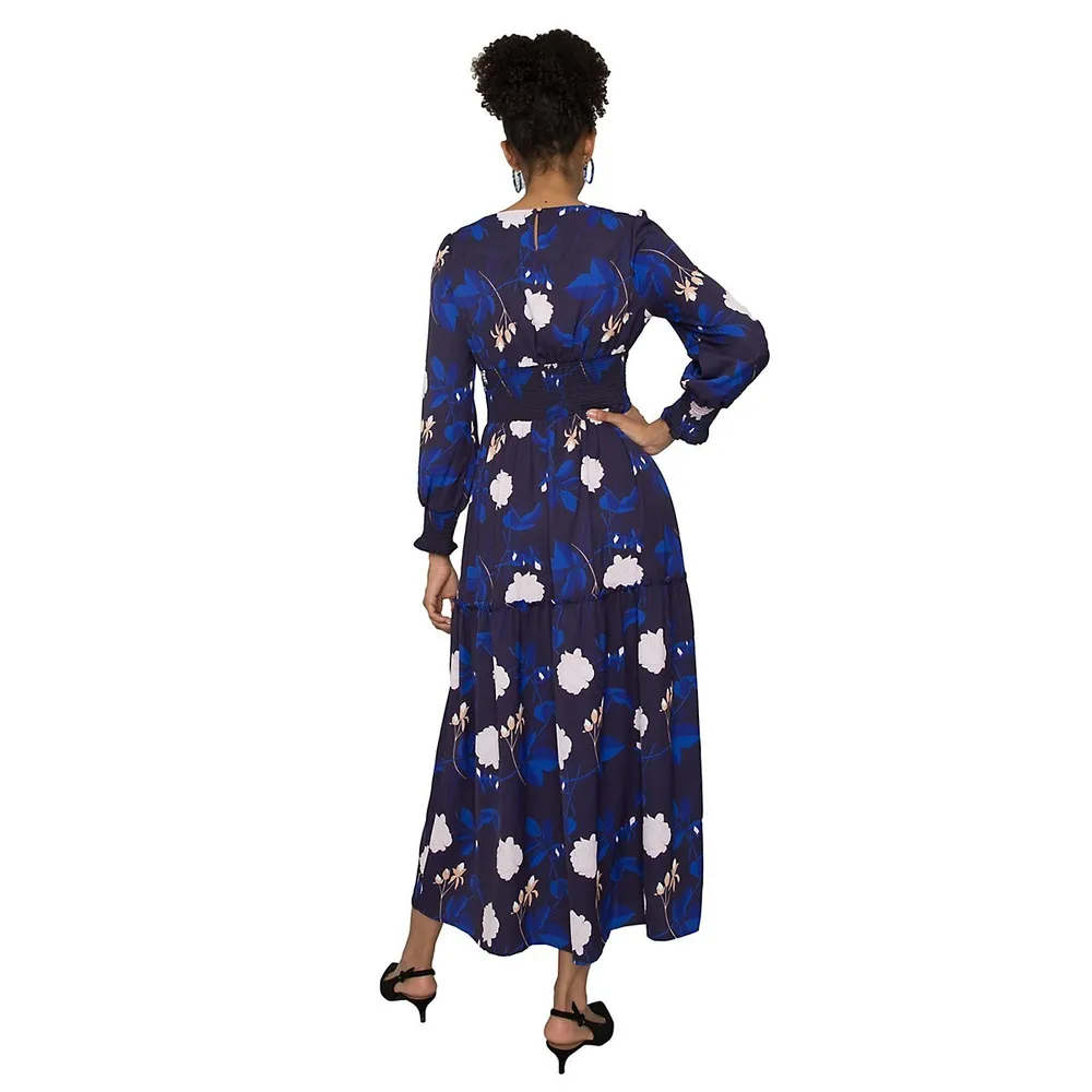 Women's Floral-print Smocked Waist Long Sleeve Maxi Dress