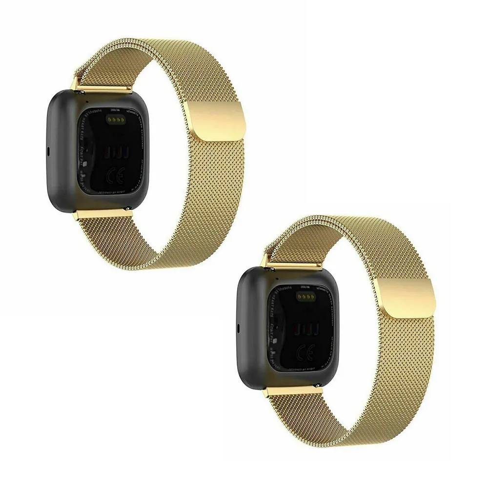 2pcs Milanese Stainless Magnetic Smart Watch Band Wristband For Fitbit Versa /2/lite (large,gold)