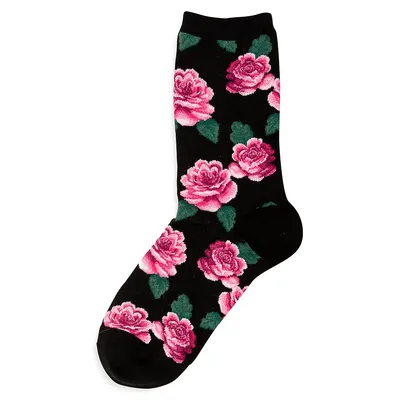Women's Rose Print Crew Socks