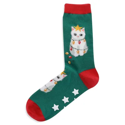 Women's Fuzzy Christmas Tree Cat Non Skid Crew Socks