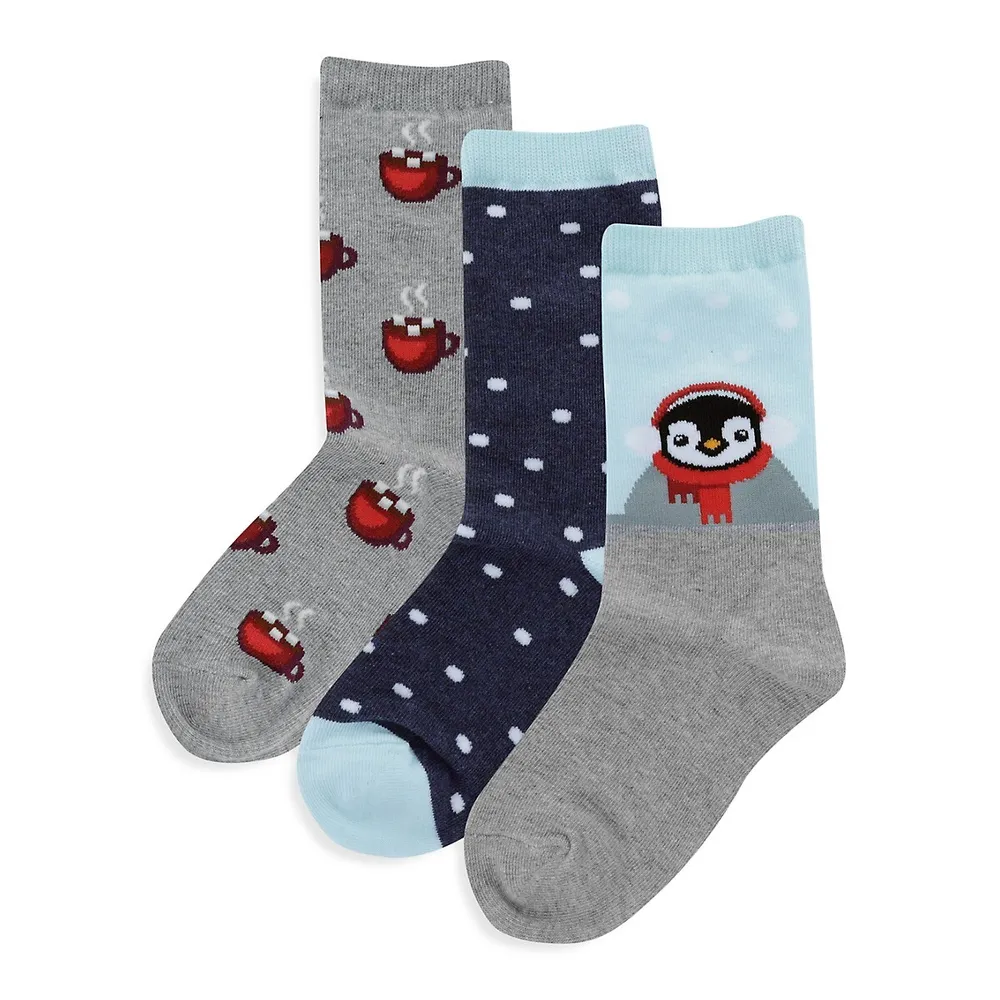 Kid's 3-Pair Penguin Hot Cocoa Crew Socks