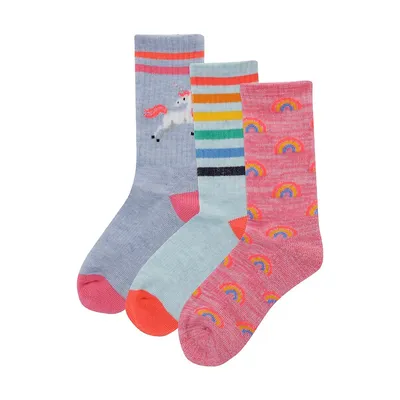 Girl's Rainbow Unicorn 3-Pair Crew Socks Pack