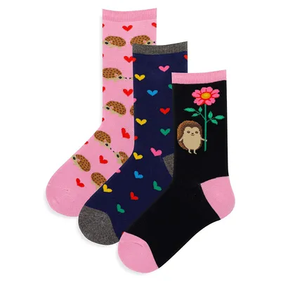 Kid's 3-Pair Hedgehogs & Flowers Crew Socks
