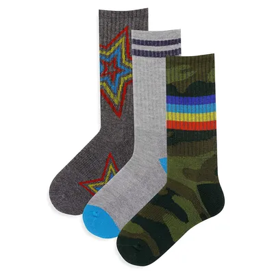 Kid's 3-Pair Camo Stripe Star Crew Socks