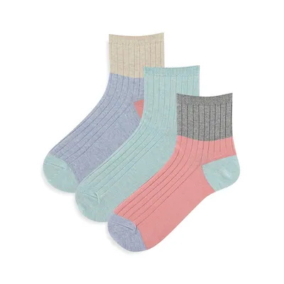 Socquettes côtelées aux couleurs contrastées pour femme, trois paires