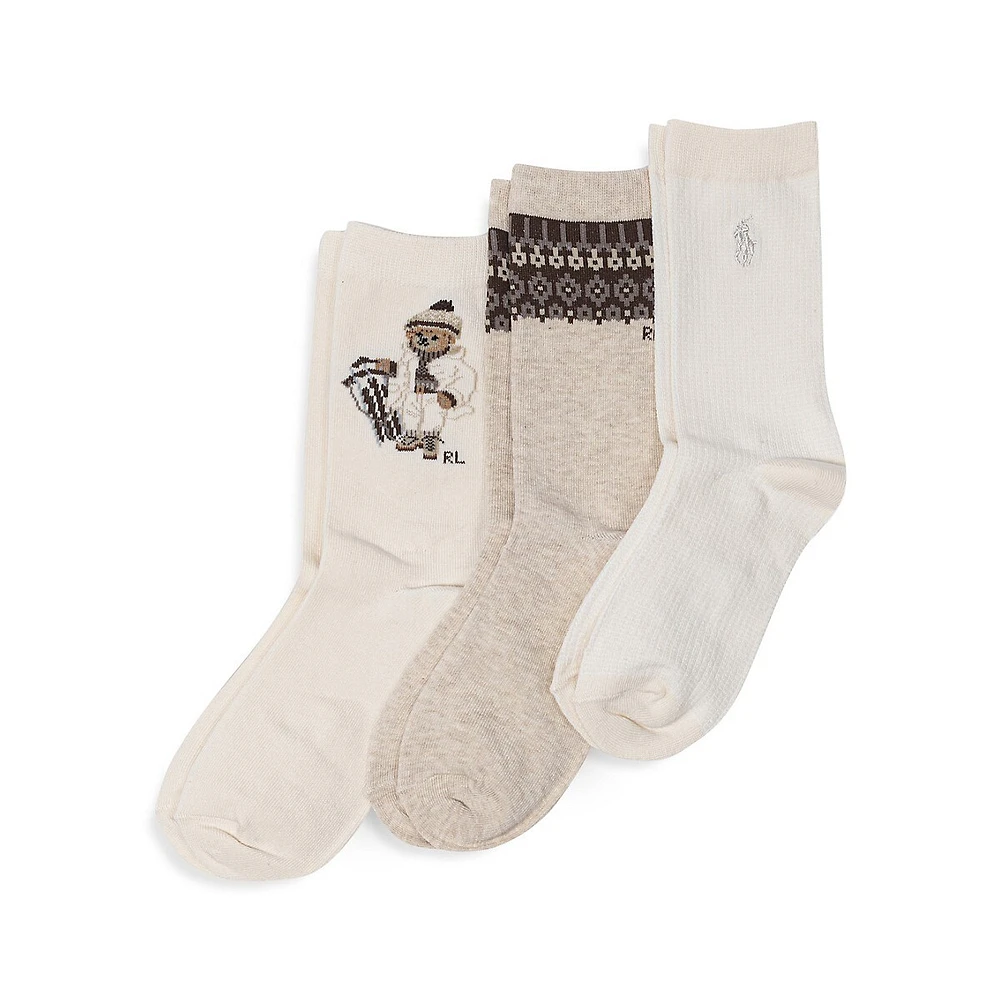 Kid's 3-Pair Cream Holiday Bear Crew Socks