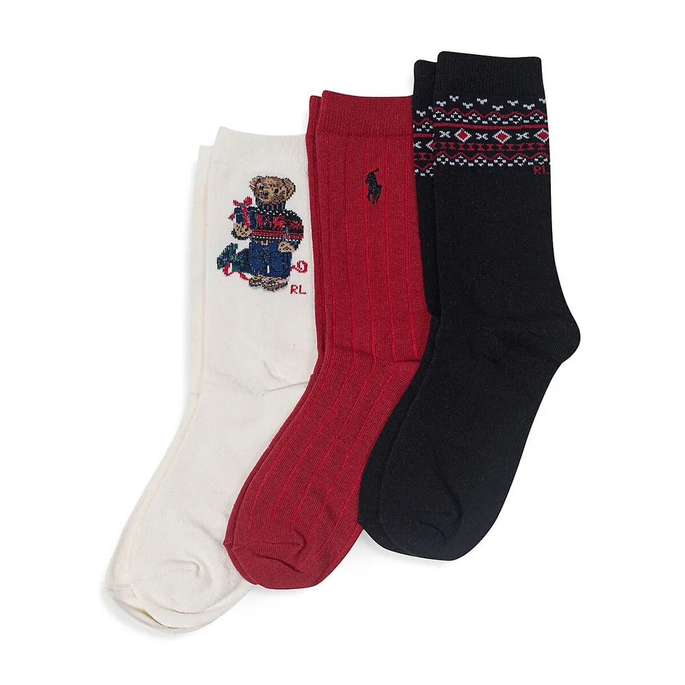 Kid's 3-Pair Europe Holiday Bear Crew Socks