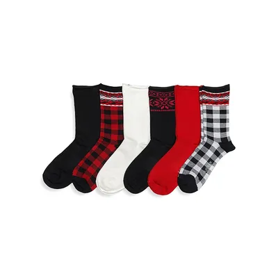 Women's 6-Pair Holiday Patterns Roll Top Socks