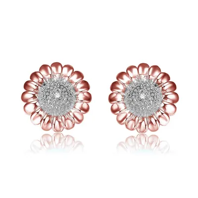 Sterling Sivler 18k Rose Gold Plated With Clear Cubic Zirconia Pave Flower Stud Earrings