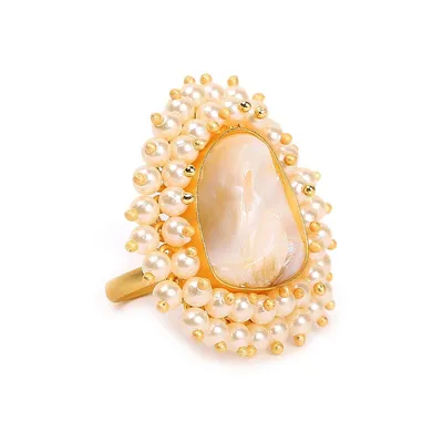 Gold-toned White Pearl Beaded Jadau Finger Ring