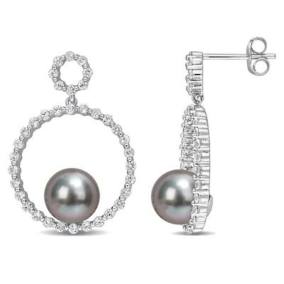 Tahitian Cultured Pearl And White Sapphire Circle Earrings In 10k White Gold