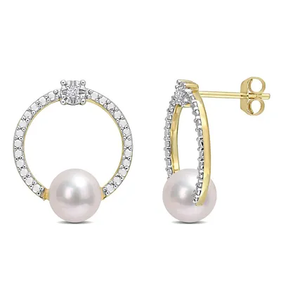 Cultured Freshwater Pearl And White Topaz Open Design Circle Earrings In 10k Yellow Gold