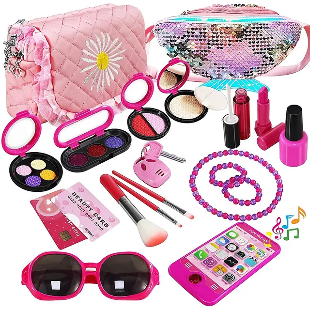 22pc Pretend Roleplay Makeup Kit With 2 Cosmetic Bags, Phone, Eyeshadow, Blush, Lipstick, Sunglasses For Children Kids Girls Ages 3+