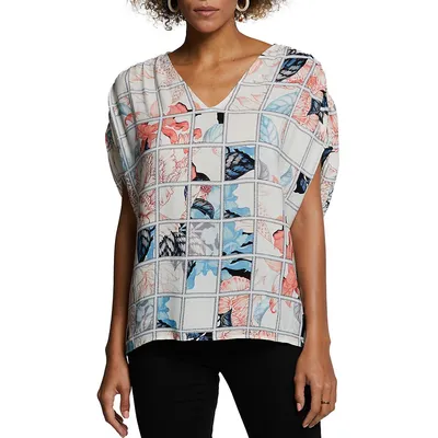 Printed Ruched Tie-Sleeve V-Neck Top