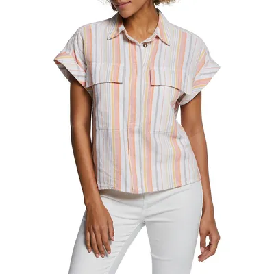 Striped Linen-Blend Flap-Pocket Popover Shirt