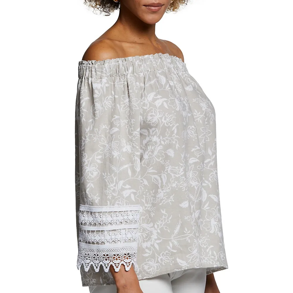 Floral Lace-Trim Linen-Blend Peasant Top