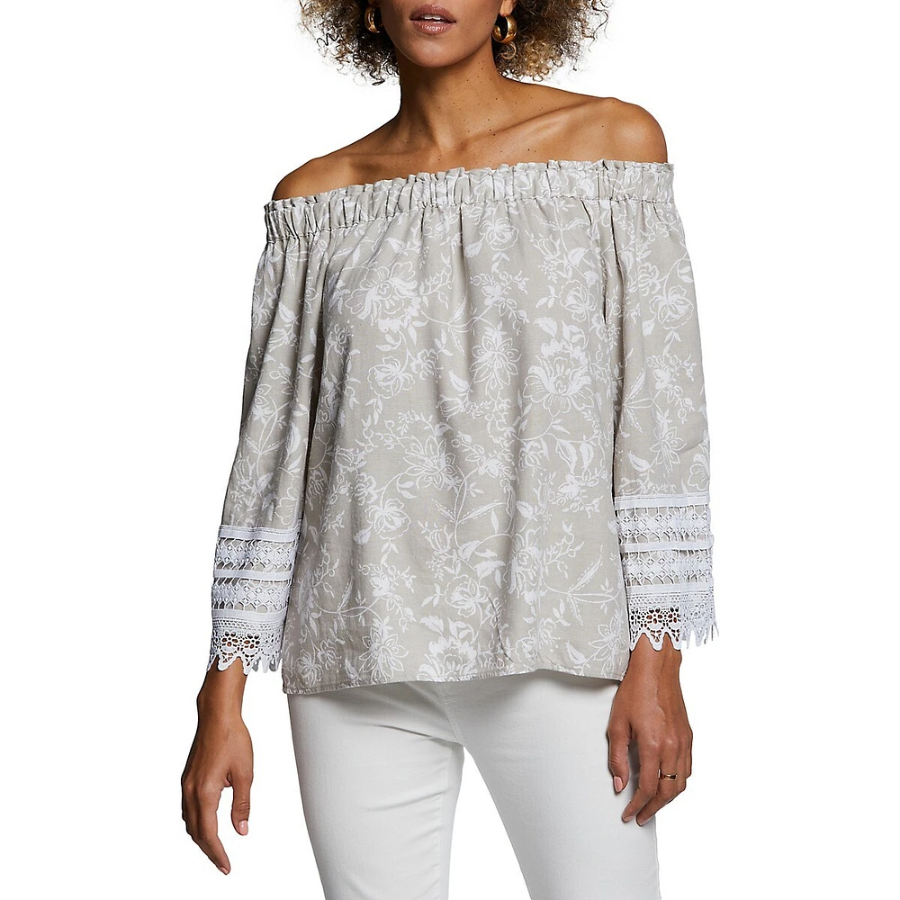 Floral Lace-Trim Linen-Blend Peasant Top