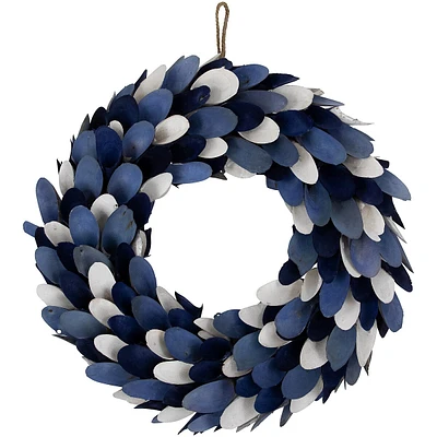 Wooden Petal Wreath - 15" - Blue And White