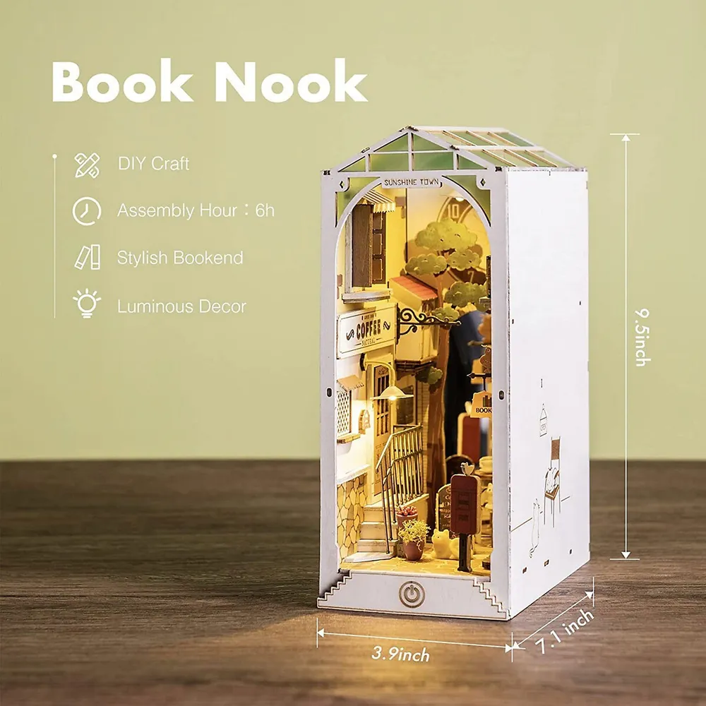 Diy Book Nook Kit Bookend Stand Bookshelf Miniature House Kit With Sensor Light 3d Wooden Puzzle Model Building Kit - Sunshine Town
