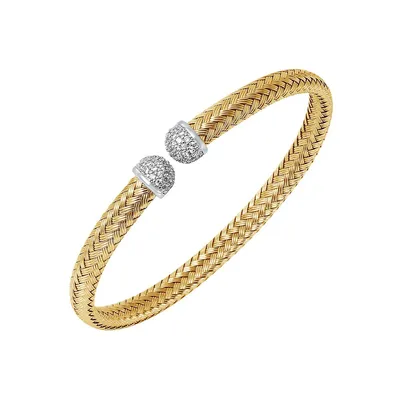 Mimosa Sterling Silver Two-tone 18k Gold Plated Woven Cuff Bangle With Cubic Zirconia Cap