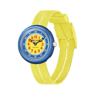 Retro Blue Bio-Sourced Plastic & Yellow Recycled PET Textile Strap Watch ​ZFBNP189
