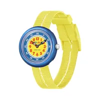 Montre rétro en plastique biosourcé bleu et bracelet en textile jaune en PET recyclé ZFBNP189