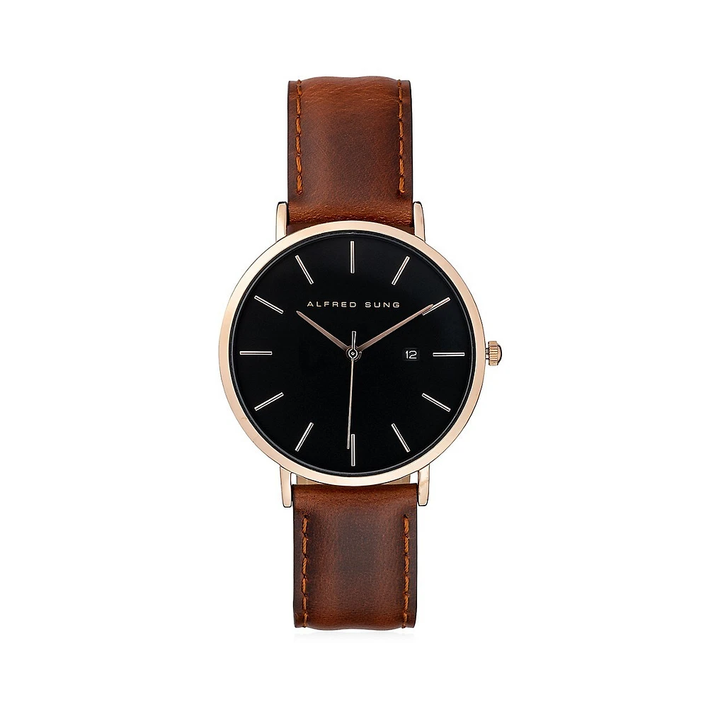 Montre analogique à cadran noir et bracelet en cuir marron ASM0016