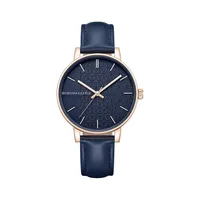 Montre à cadran bleu, boîtier rose doré et bracelet en cuir véritable bleu pour femme BAWLA0001603