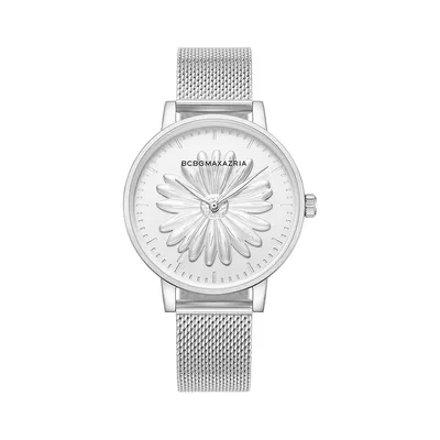 3D Floral Dial Stainless Steel Mesh Bracelet Watch BAWLG0002002