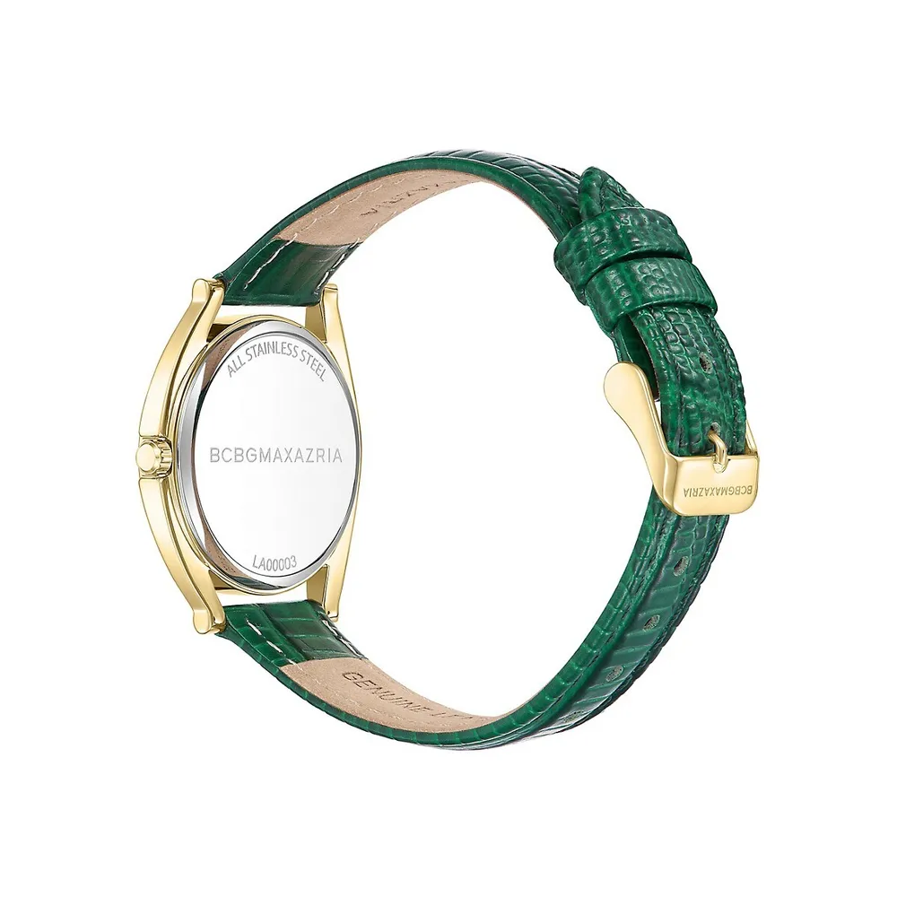 Montre dorée avec bracelet ondulé en cuir vert estampé BAWLA0000301
